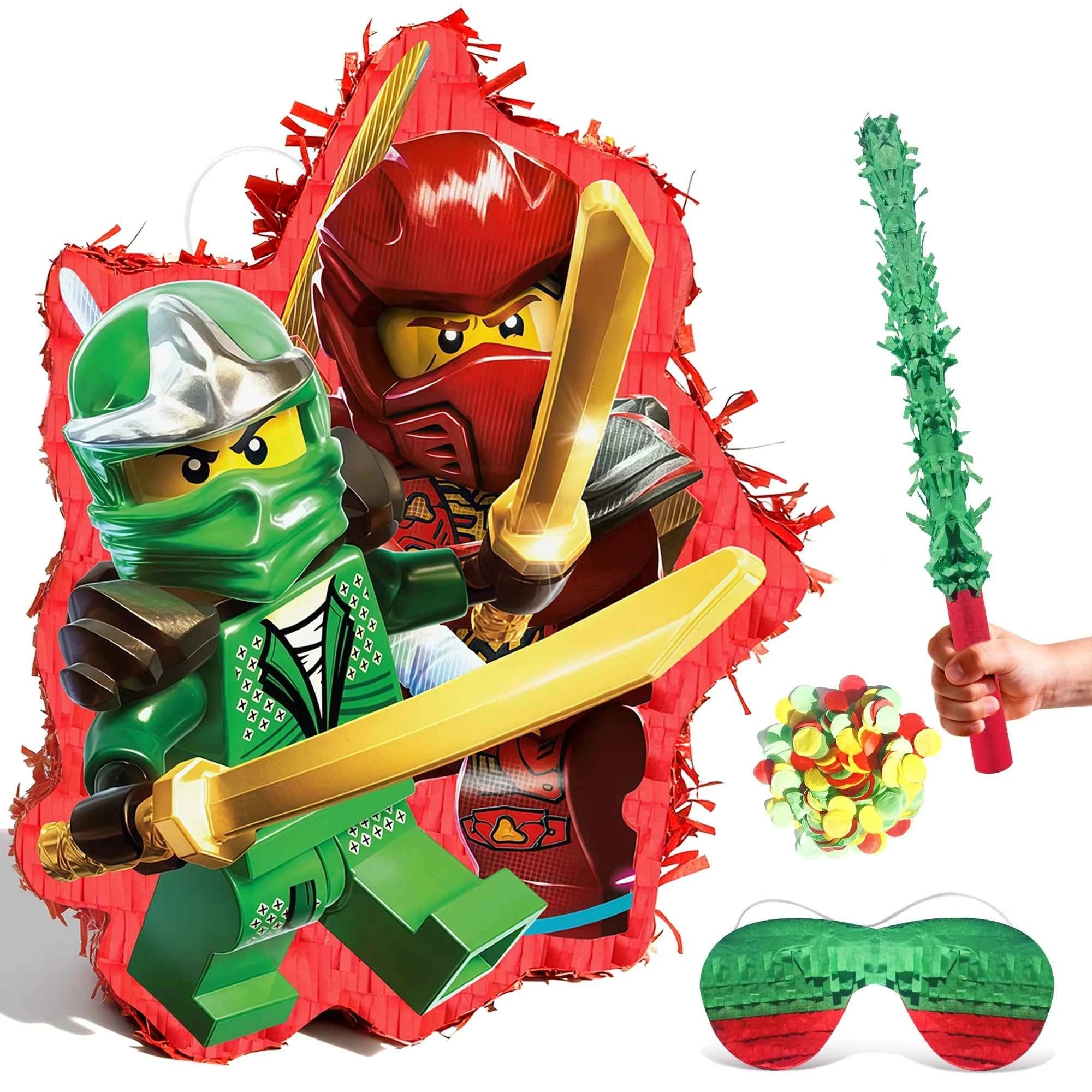 4 Pcs Ninja Party Pinata Bundle-Large Ninja Piñata Blindfold&Pinata Stick etc Ninja Birthday Party Supplies for Boys/Girls