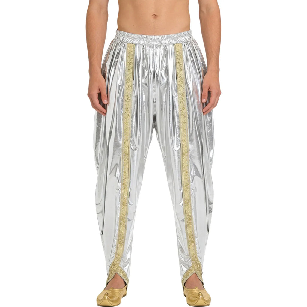 Men's Metallic Shiny Harem Dhoti Pants Gold Brocade Trim Prince Cosplay Costume
