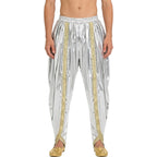 Men's Metallic Shiny Harem Dhoti Pants Gold Brocade Trim Prince Cosplay Costume