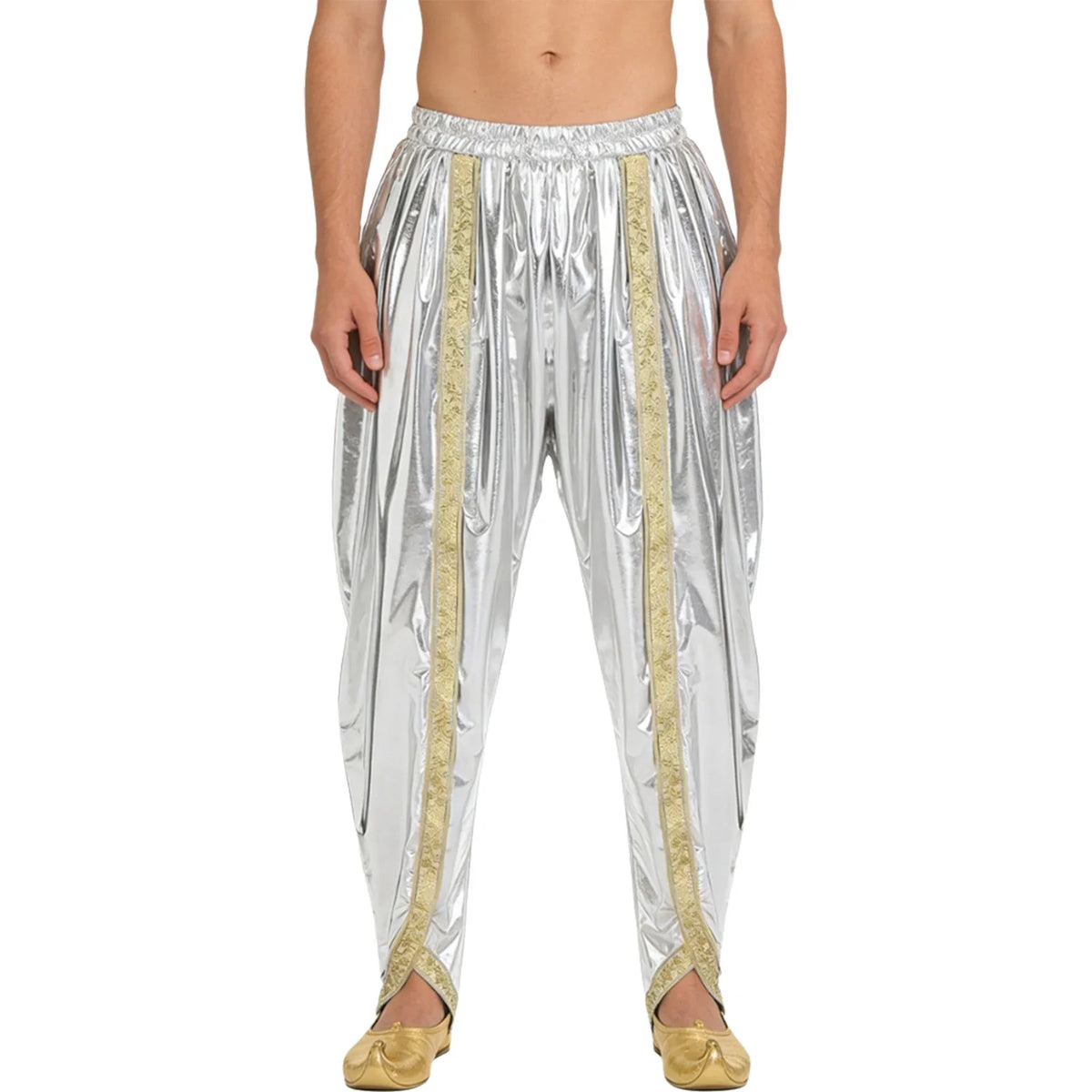 Men's Metallic Shiny Harem Dhoti Pants Gold Brocade Trim Prince Cosplay Costume