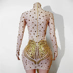 Crystal Rhinestone Mesh Long Sleeve Vintage Inspired Dress with Sequins and Skirt