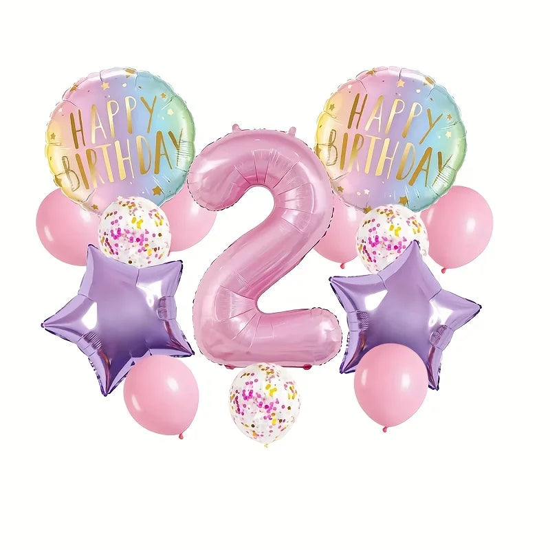 Pink Birthday Party Balloon Set, Includes 40inch Numbers 1-6 and 18inch Light Purple and Red Star-Shaped Foil Balloons, Suitable for Birthday, Wedding, and Other Party Decorations and Celebration Photo Props