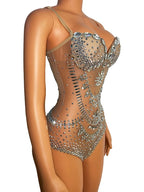Sparkly Silver Crystal Rhinestone Mesh Leotard Stage Performance Costume