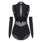 Sparkly Sequin Mock Neck Dance Leotard & Gloves Two-Piece Bodysuit Set