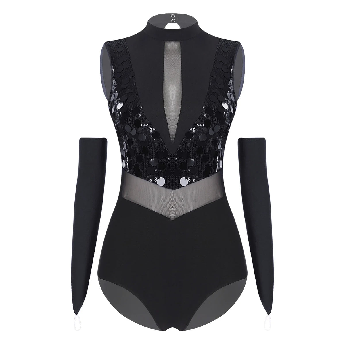 Sparkly Sequin Mock Neck Dance Leotard & Gloves Two-Piece Bodysuit Set