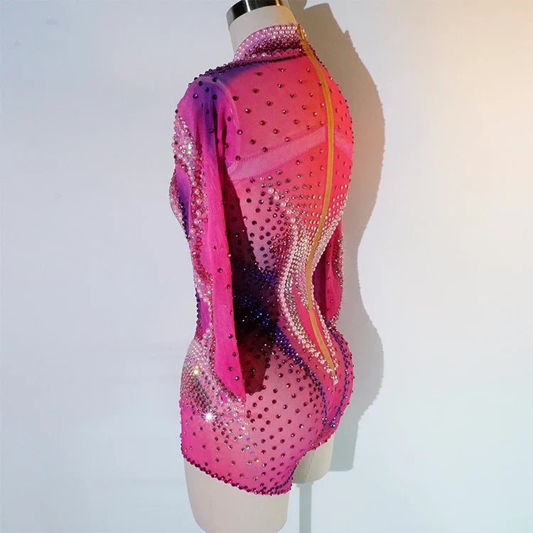 Luxury Pink Rhinestone long sleeve bodysuit Dancer Stage Wear Perform Show Girl Sheer Drag Queen Outfit Bar Nightclub
