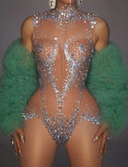 Crystal Mesh See-Through Pole Dance Leotard & Rhinestone Bodysuit Romper