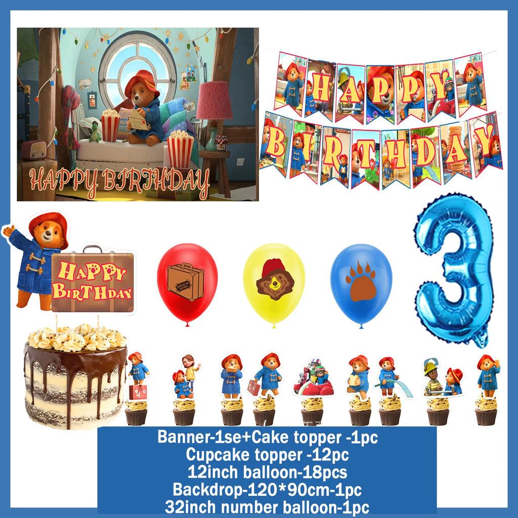 Cartoon&Paddingtons Party Supplies Happy Birthday Banner Bears Balloons Cupcake Toppers Backdrop Kids Birthday Baby Shower Gift