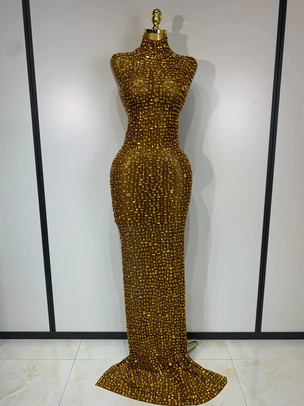 Sparkly Rhinestone Sleeveless Maxi Long Dress See-Through Sheer Mesh Stage Outfit