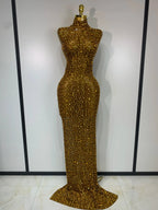 Sparkly Rhinestone Sleeveless Maxi Long Dress See-Through Sheer Mesh Stage Outfit