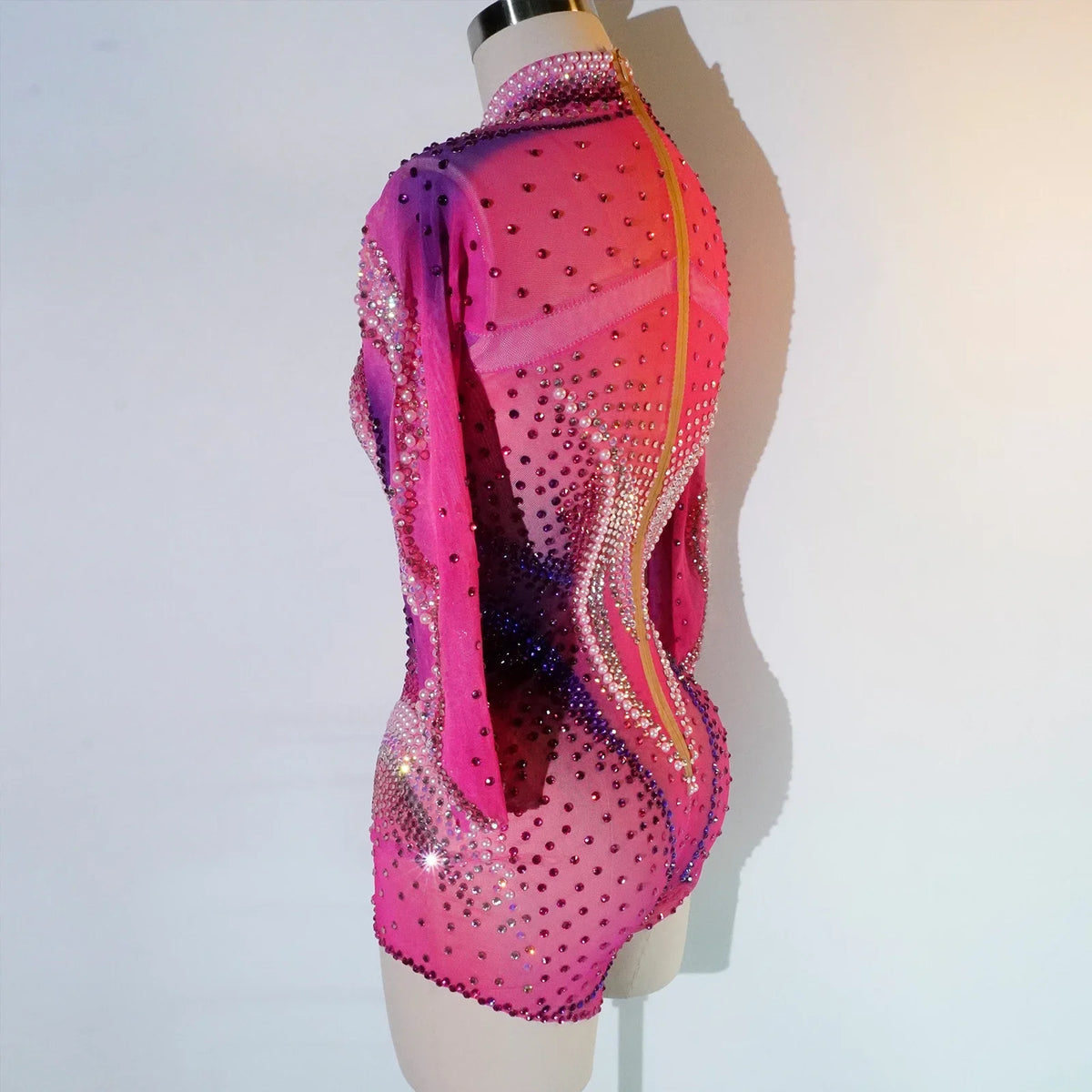 Luxury Pink Rhinestone long sleeve bodysuit Dancer Stage Wear Perform Show Girl Sheer Drag Queen Outfit Bar Nightclub