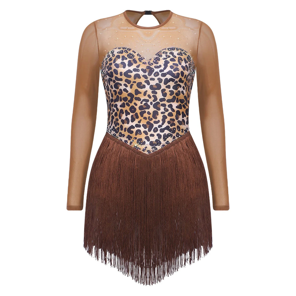 Leopard Print Rhinestone Tassel Dance Dress Long Sleeve Keyhole Bodysuit