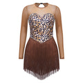 Leopard Print Rhinestone Tassel Dance Dress Long Sleeve Keyhole Bodysuit