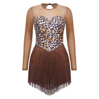 Leopard Print Rhinestone Tassel Dance Dress Long Sleeve Keyhole Bodysuit