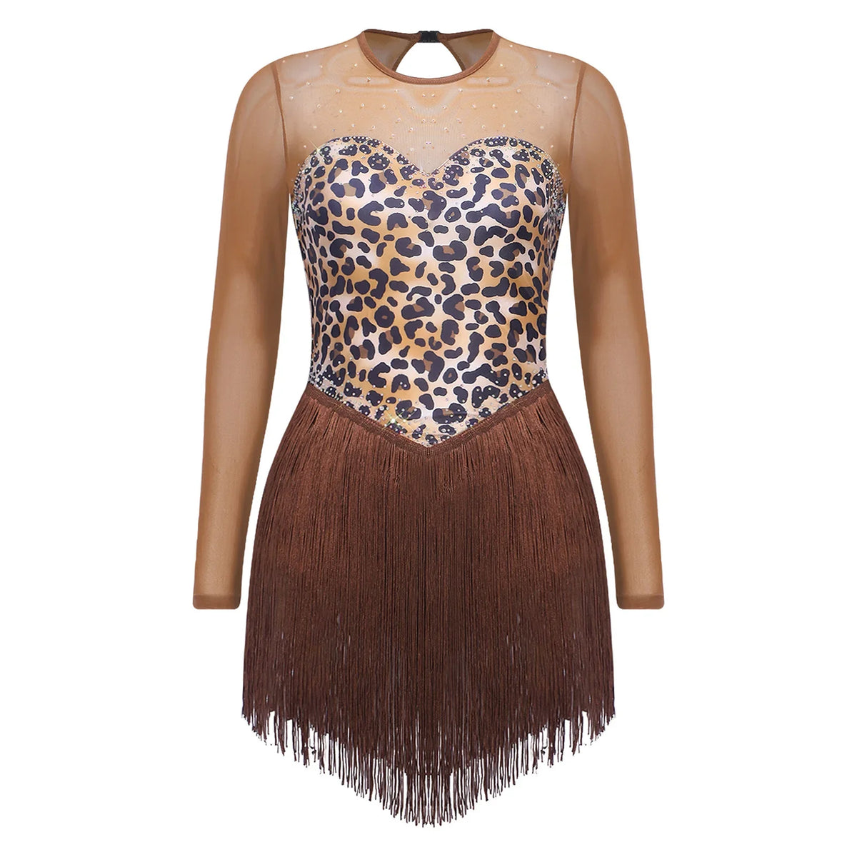 Leopard Print Rhinestone Tassel Dance Dress Long Sleeve Keyhole Bodysuit