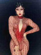 Crimson Red Rhinestone Catsuit Long Sleeve Illusion Stage Performance Jumpsuit