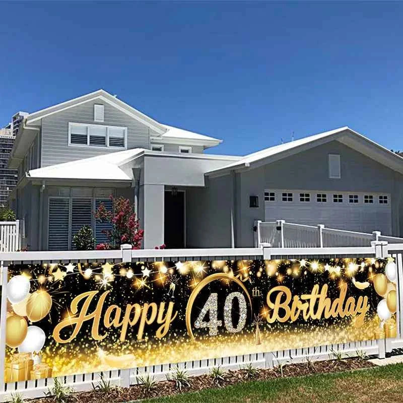 Black Gold Happy Birthday Banner Balloon Flag Adult 30th 40th 50th 60th Birthday Party Decoration Supplies Bunting Anniversary