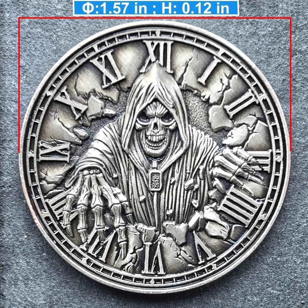 Memento Mori Challenge Coin - Skull & Hourglass Design, Carpe Diem, Roman Numerals, Motivational Coin for Life Reminders