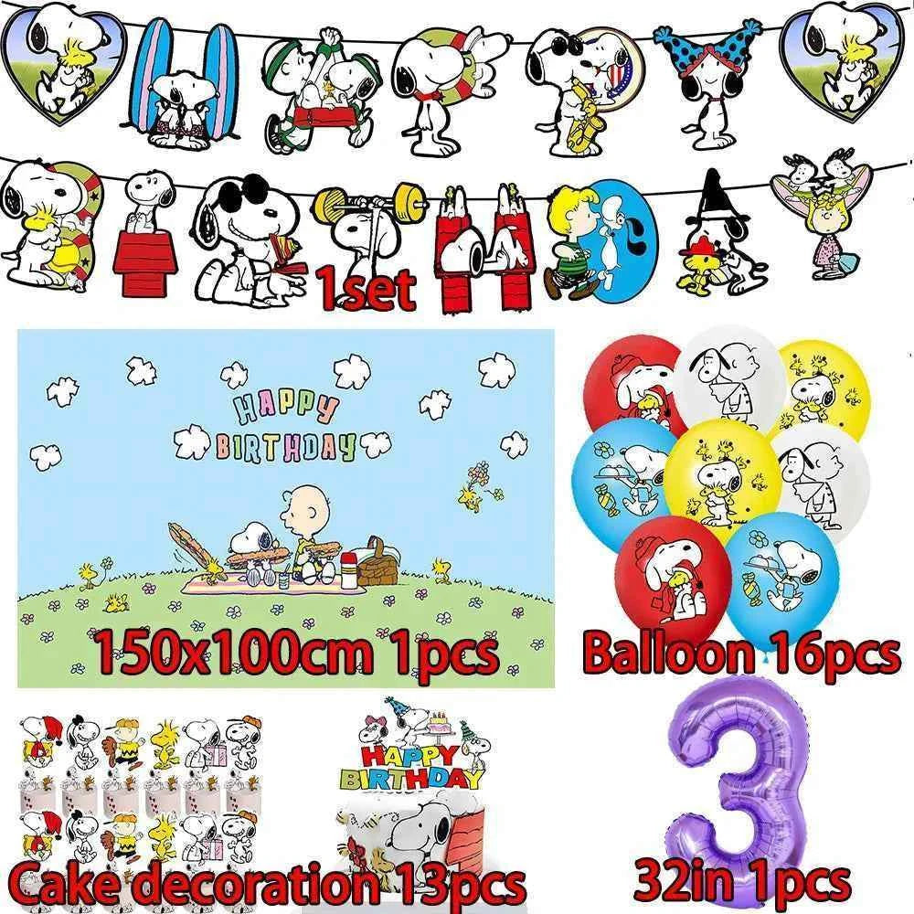 Cartoon Snoopys Birthday Decoration Set Banners Cake Toppers Balloons Backdrops Kids Birthday Gifts Baby Shower Party Supplies