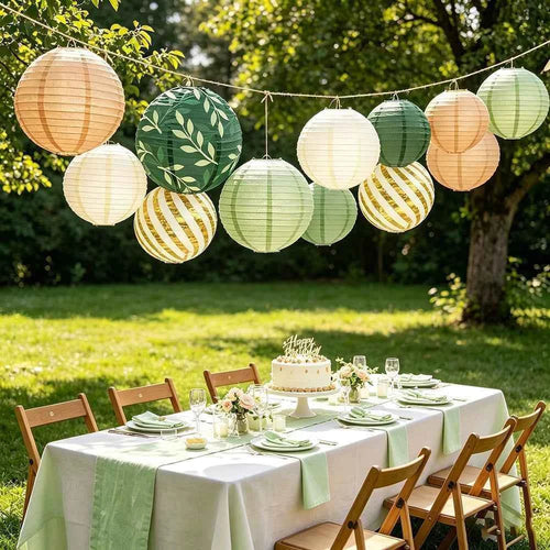 12PCS Sage Green Paper Lanterns Rustic Wedding Decorations Background Retro Green Lantern Holiday Props Birthday Party Supplies