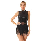 Women Sequins Diamond Latin Jazz Dance Costume Sleeveless Cutout Back Flowy Tassel Dress Leotard Tango Cha-Cha Samba Dancewear