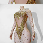 Crystal Rhinestone Mesh Long Sleeve Vintage Inspired Dress with Sequins and Skirt