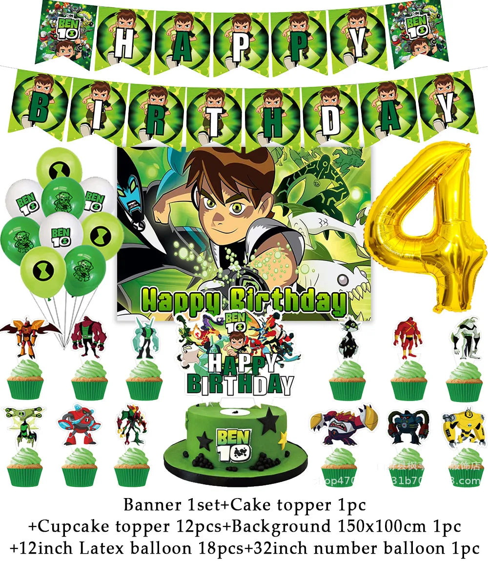 Cartoon Ben-10 Birthday Party Decoration Balloons Favor Set Banner Cake Toppers Baby Shower Boys Gift Party Supplies Photo Prop