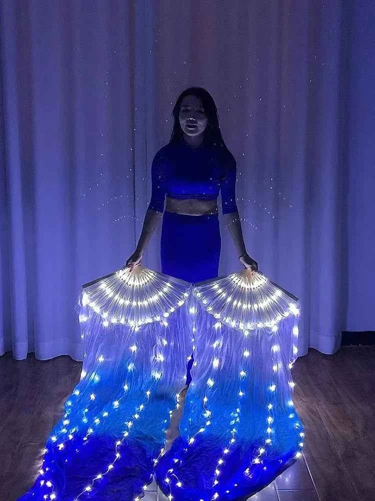 Fan white and blue gradual change silk fabric dance props cord string charging stage performance