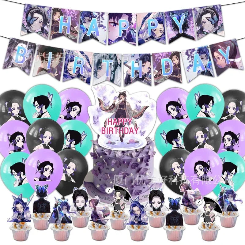 Demon Slayer Anime Kochou Shinobu Party Set Supplies Kimetsu No Yaiba Balloon Girl's Birthday Decoration Banner Cake Topper Gift