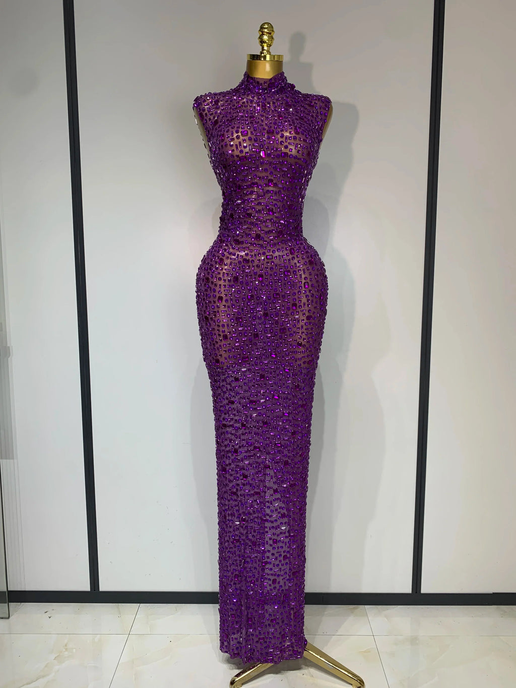 Sparkly Rhinestone Sleeveless Maxi Long Dress See-Through Sheer Mesh Stage Outfit