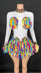 Rainbow Crystal Rhinestone Bodysuit Cascading Fringe Tassel Long-Sleeve Stage Costume