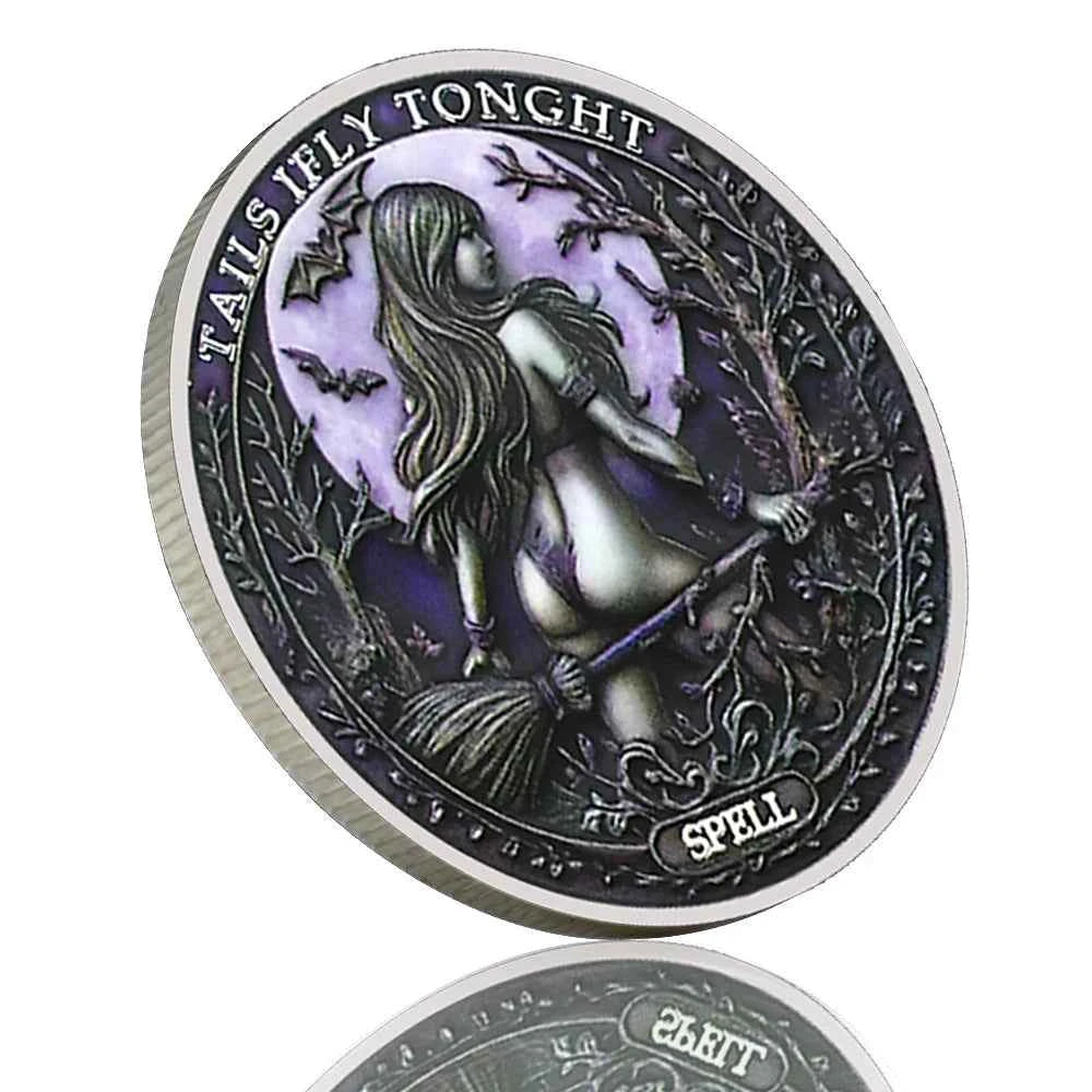 Tails I Fly Tonight" Witch Challenge Coin – Moon Rider Spellbound Collectible, 40mm Fantasy Magic Coin Gift