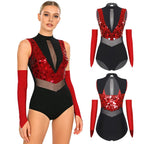 Sparkly Sequin Mock Neck Dance Leotard & Gloves Two-Piece Bodysuit Set