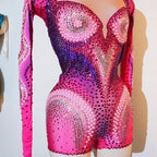 Luxury Pink Rhinestone long sleeve bodysuit Dancer Stage Wear Perform Show Girl Sheer Drag Queen Outfit Bar Nightclub