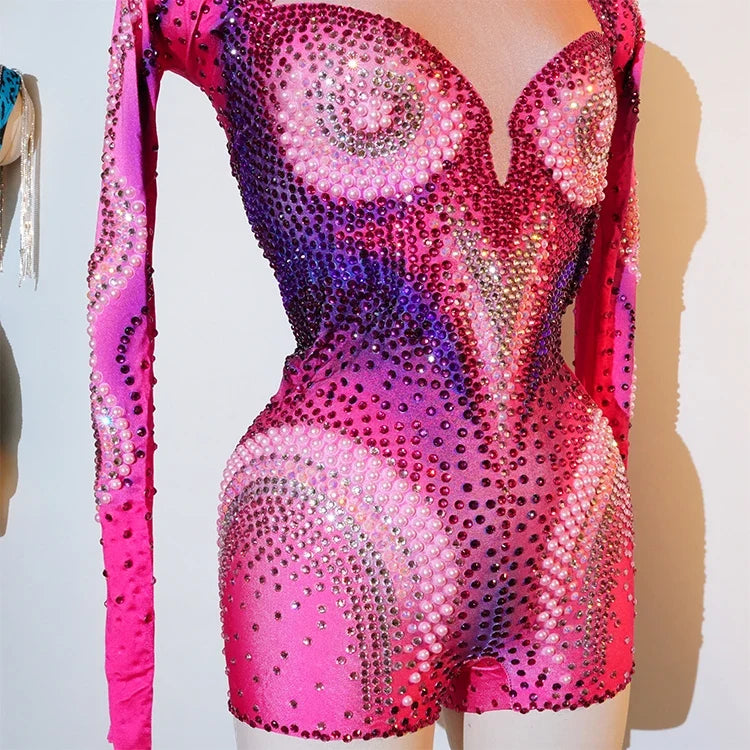 Luxury Pink Rhinestone long sleeve bodysuit Dancer Stage Wear Perform Show Girl Sheer Drag Queen Outfit Bar Nightclub