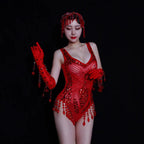 Sexy Nightclub Bar Gogo Dance Costume Red Rhinestones Fringe Mesh Bodysuit Gloves Performance Stage Wear Party Show Rave Outfits