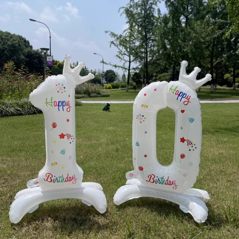 Birthday Digital Balloon White Standing 32 inch Happy Birthday Printed Aluminum Film Birthday Party Crown Balloon