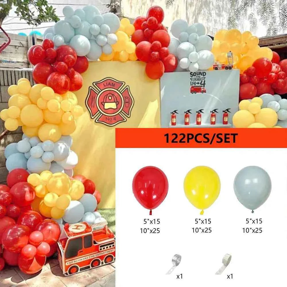 122pcs Red Yellow Fog Blue Balloon Garland Arch Kit for Fireman Party Supplies Birthday Firefighter Rescue Themed Party Decor