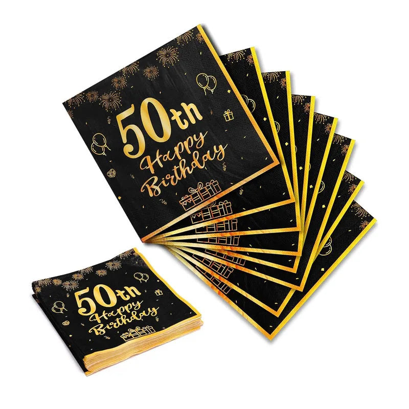 18th~60th Happy Birthday Party Napkins Black Gold Birthday Party Table Napkins Decorations Birthday Party Supplies