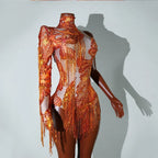 Leopard Sequin Fringe Asymmetrical Bodysuit One-Sleeve Stage Performance Costume
