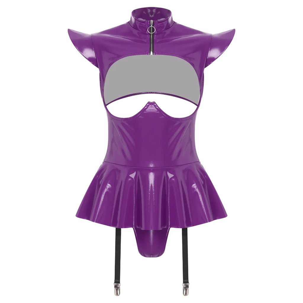 Glossy Wet-Look Halter Romper Bodysuit with Flared Skirt Hem & Integrated Garters
