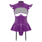 Glossy Wet-Look Halter Romper Bodysuit with Flared Skirt Hem & Integrated Garters