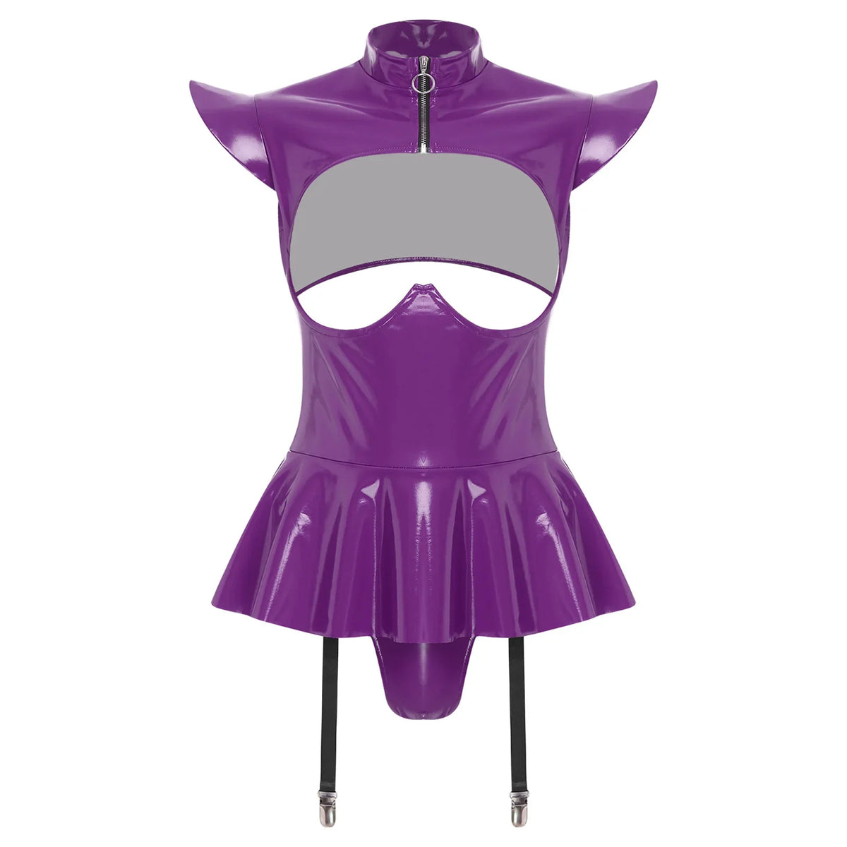 Glossy Wet-Look Halter Romper Bodysuit with Flared Skirt Hem & Integrated Garters