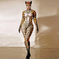 Leopard Print Long-Sleeve Catsuit Form-Fitting Stretch Jumpsuit Stage Costume