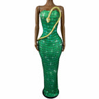 Emerald Snake Rhinestone Illusion Strapless Gown Sculpted Serpent Floor-Length Evening Dress