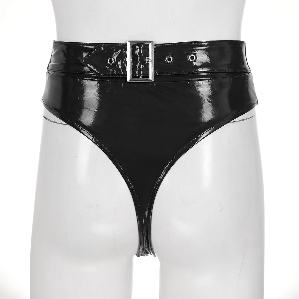High-Waist Patent Leather Wet-Look Briefs with Adjustable Back Buckle Belt