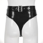 High-Waist Patent Leather Wet-Look Briefs with Adjustable Back Buckle Belt