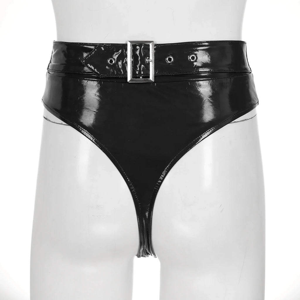 High-Waist Patent Leather Wet-Look Briefs with Adjustable Back Buckle Belt