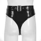 High-Waist Patent Leather Wet-Look Briefs with Adjustable Back Buckle Belt