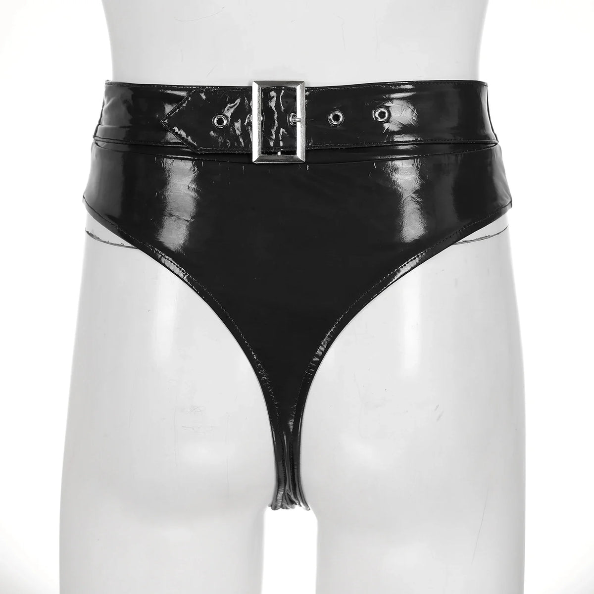 High-Waist Patent Leather Wet-Look Briefs with Adjustable Back Buckle Belt